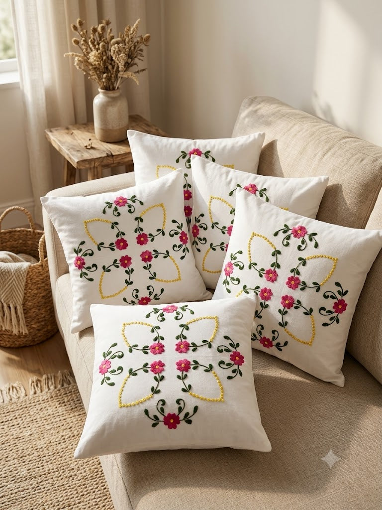 Hand Embroidered Cotton Cushion Covers (Set of 5)