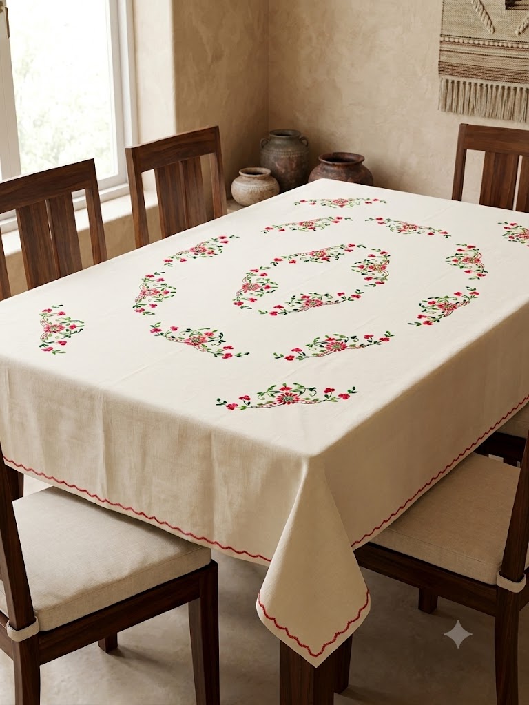 Hand Embroidered Floral Six Seater Table Cover