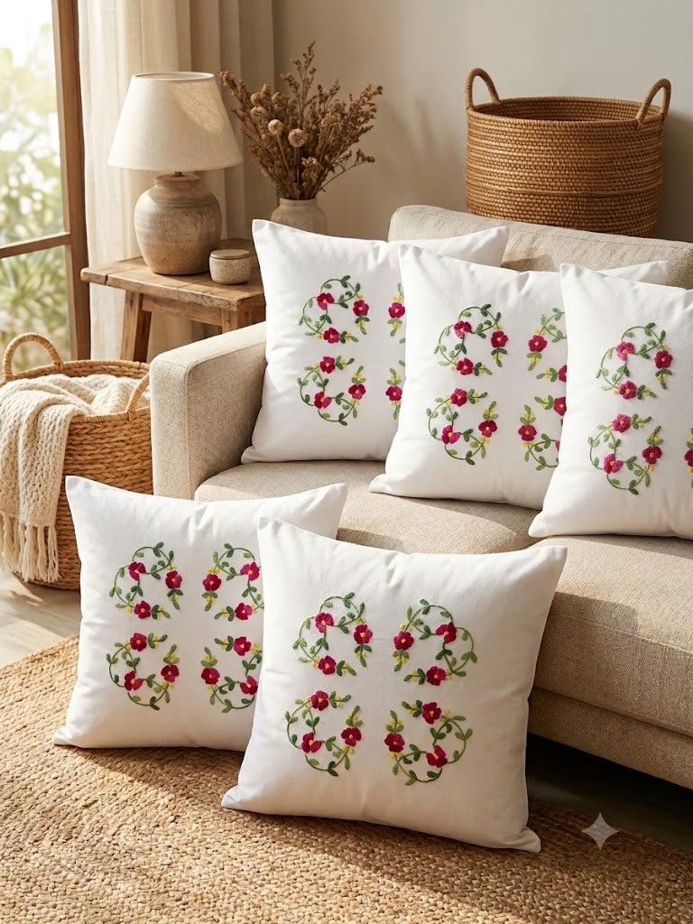 Hand Embroidered Cotton Cushion Covers (Set of 5)