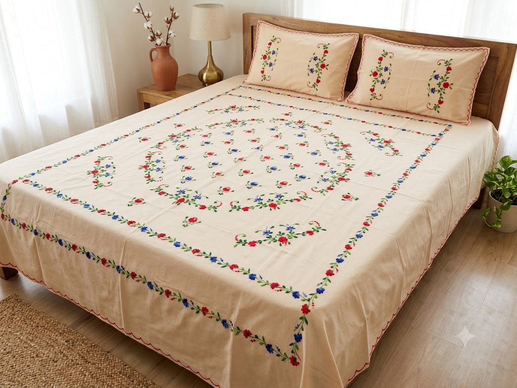 Chikonwala's Hand Embroidered Floral Design Bedsheet