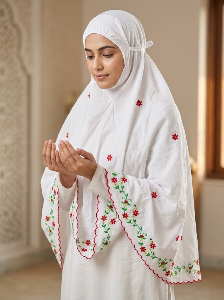 Chikonwala Hand Embroidered Cotton Islamic Namaz Hijab with Floral Embroidery