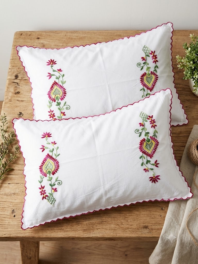 Chikonwala Hand-Embroidered Floral Pillow Cover Set– Set of 2