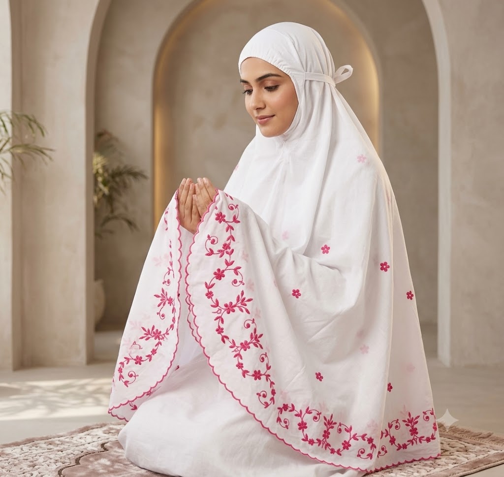 Chikonwala Hand Embroidered Cotton Islamic Namaz Hijab with Floral Embroidery