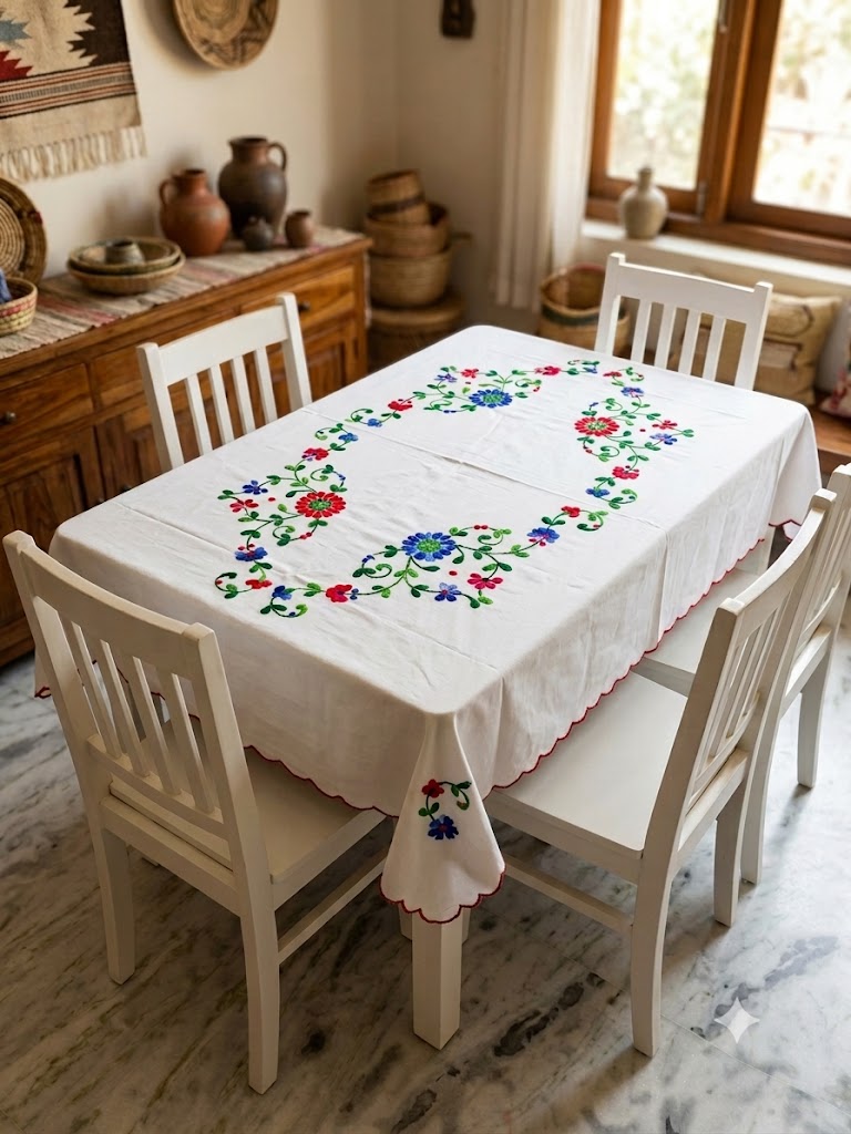 Hand Embroidered Four Seater Floral Table Cover