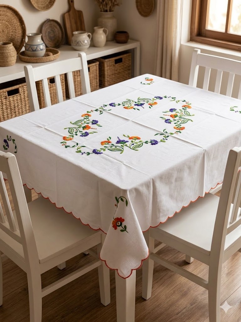 Hand Embroidered Four Seater Floral Table Cover