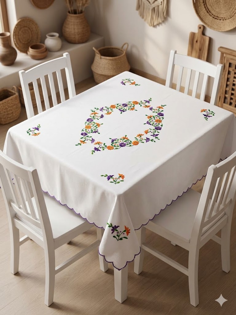 Hand Embroidered Four Seater Floral Table Cover