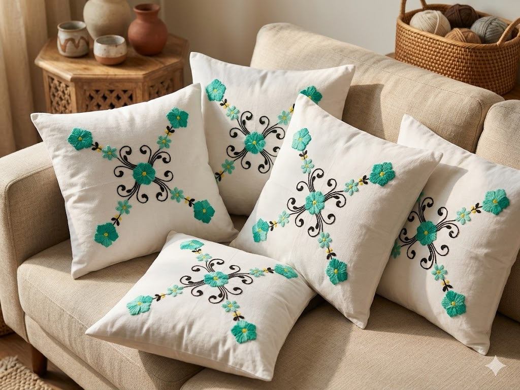 Hand Embroidered Cotton Cushion Covers (Set of 5)