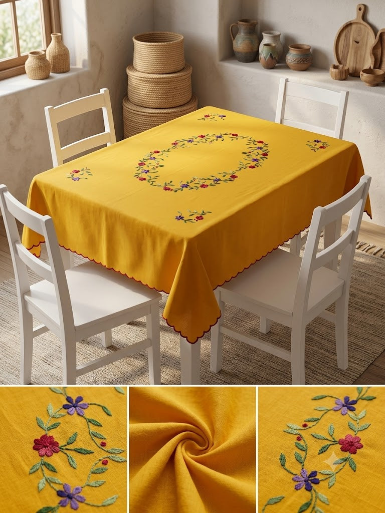 Hand Embroidered Four Seater Floral Table Cover