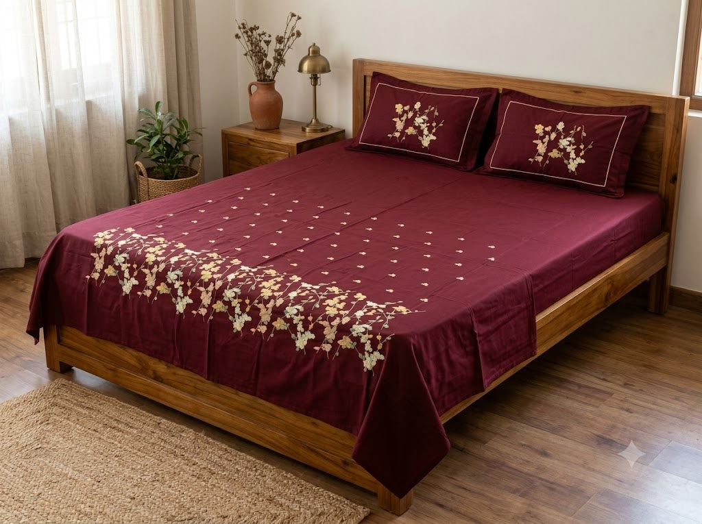 Premium Designer Embroidered Satin Cotton Bedsheet Set