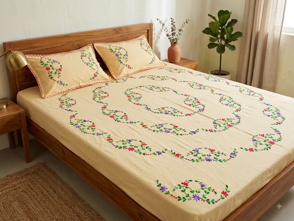 Chikonwala's Hand Embroidered Floral Design Bedsheet