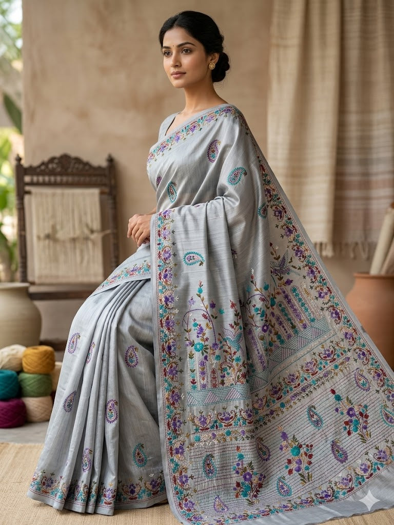 Premium Handcrafted Bullion Stitch Work Chanderi Saree with Blouse Piece