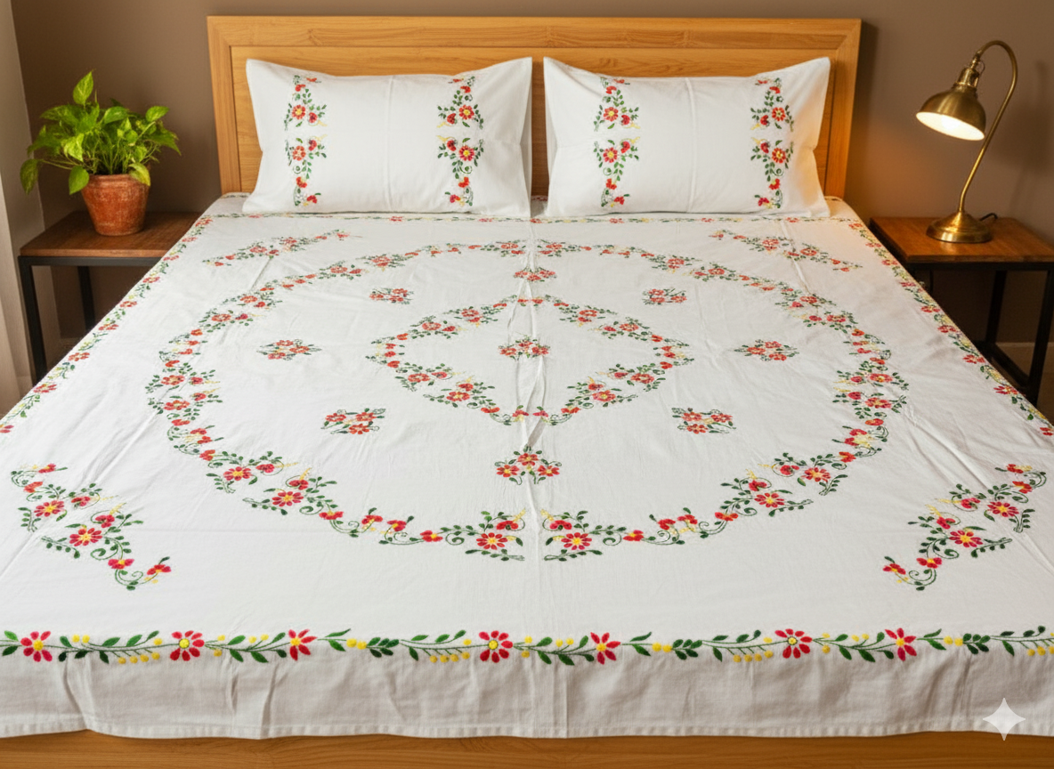 Luxury Hand-Embroidered Pure Cotton King Size Bedsheet – Crafted Elegance by Chikonwala