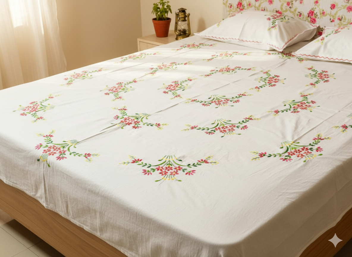 Luxury Hand-Embroidered Pure Cotton King Size Bedsheet – Crafted Elegance by Chikonwala