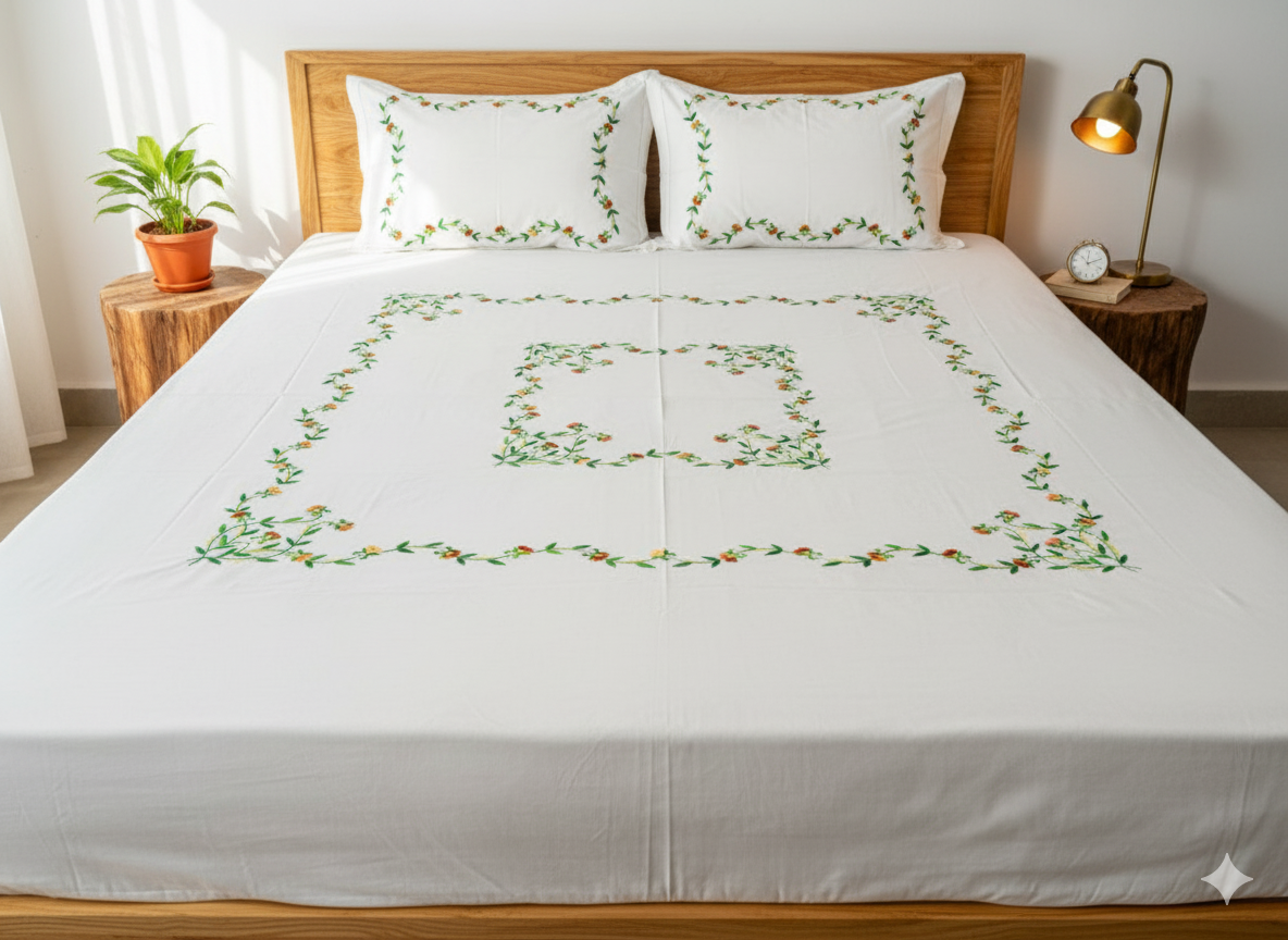 Luxury Hand-Embroidered Pure Cotton King Size Bedsheet – Crafted Elegance by Chikonwala