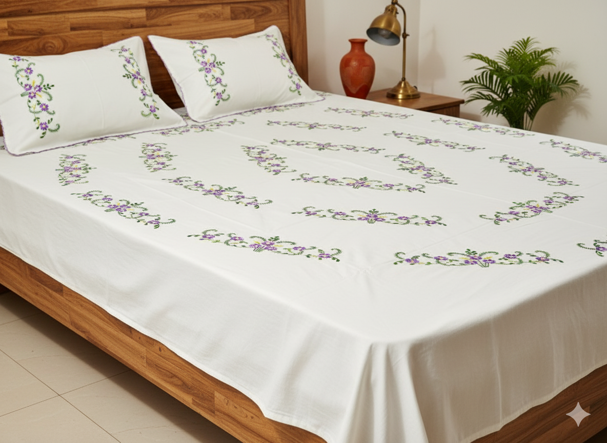 Luxury Hand-Embroidered Pure Cotton King Size Bedsheet – Crafted Elegance by Chikonwala