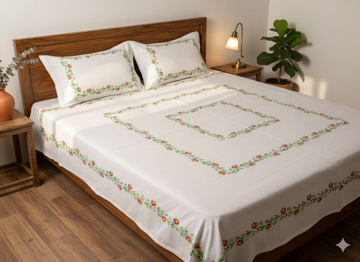 Luxury Hand-Embroidered Pure Cotton King Size Bedsheet – Crafted Elegance by Chikonwala