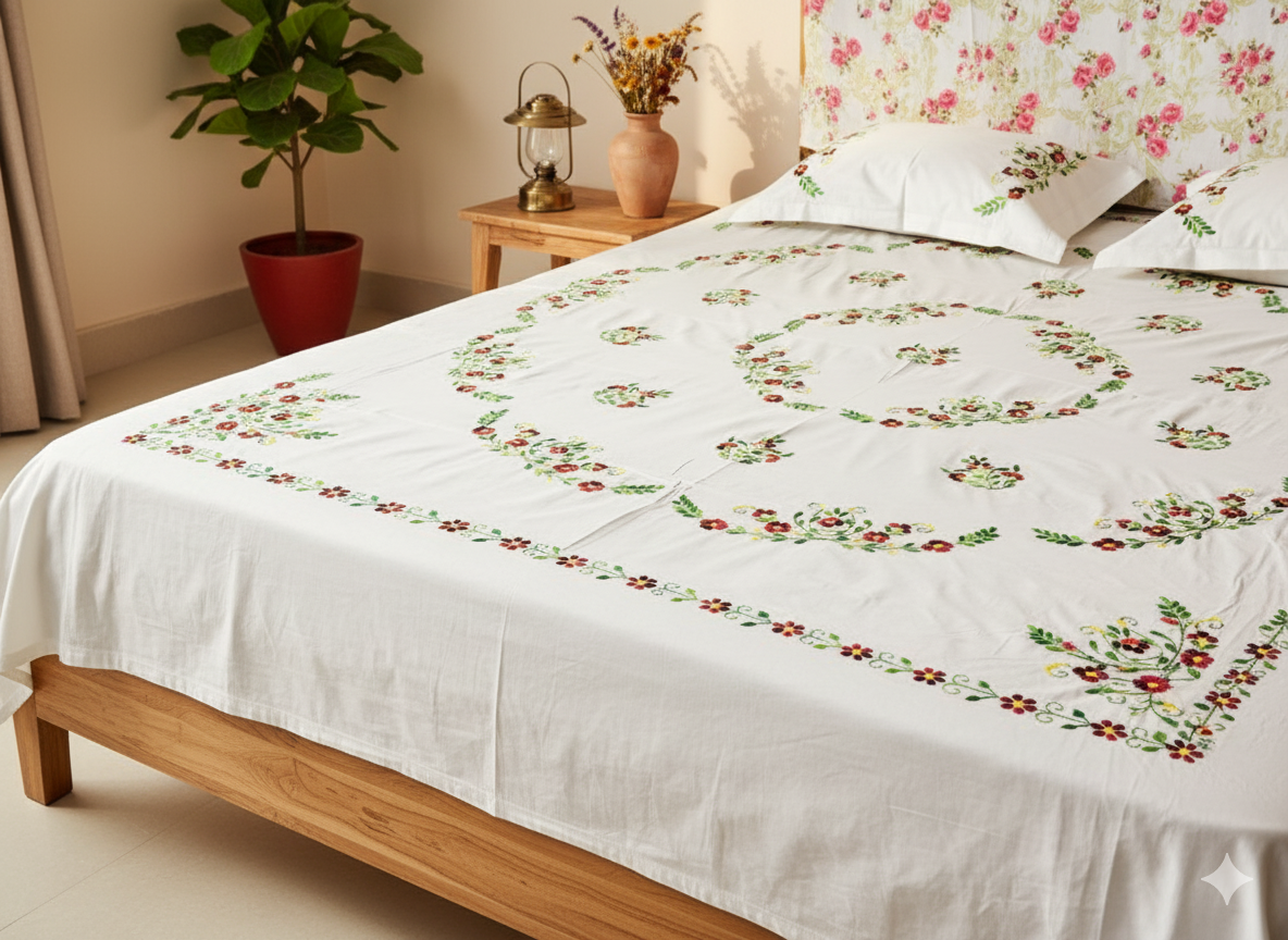 Luxury Hand-Embroidered Pure Cotton King Size Bedsheet – Crafted Elegance by Chikonwala