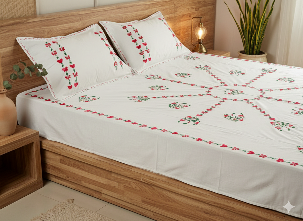 Luxury Hand-Embroidered Pure Cotton King Size Bedsheet – Crafted Elegance by Chikonwala