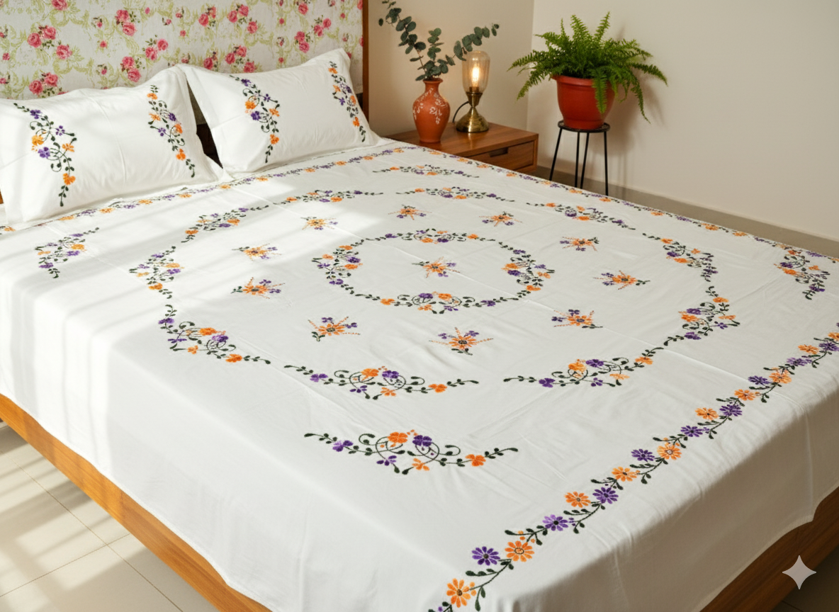 Luxury Hand-Embroidered Pure Cotton King Size Bedsheet – Crafted Elegance by Chikonwala