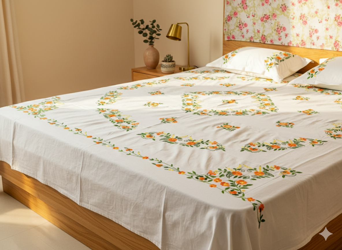Luxury Hand-Embroidered Pure Cotton King Size Bedsheet – Crafted Elegance by Chikonwala
