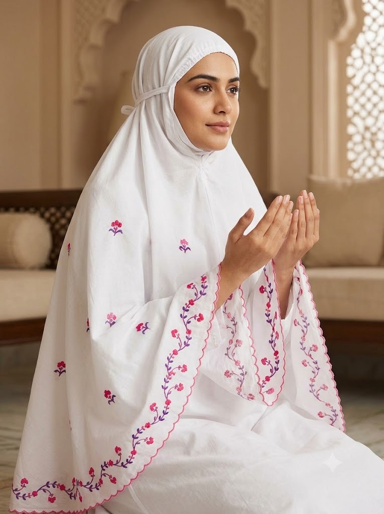 Chikonwala Hand Embroidered Cotton Islamic Namaz Hijab with Floral Embroidery