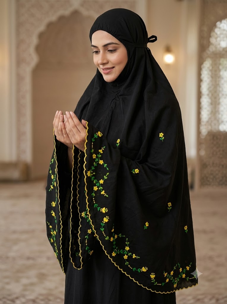 Chikonwala Hand Embroidered Cotton Islamic Namaz Hijab with Floral Embroidery
