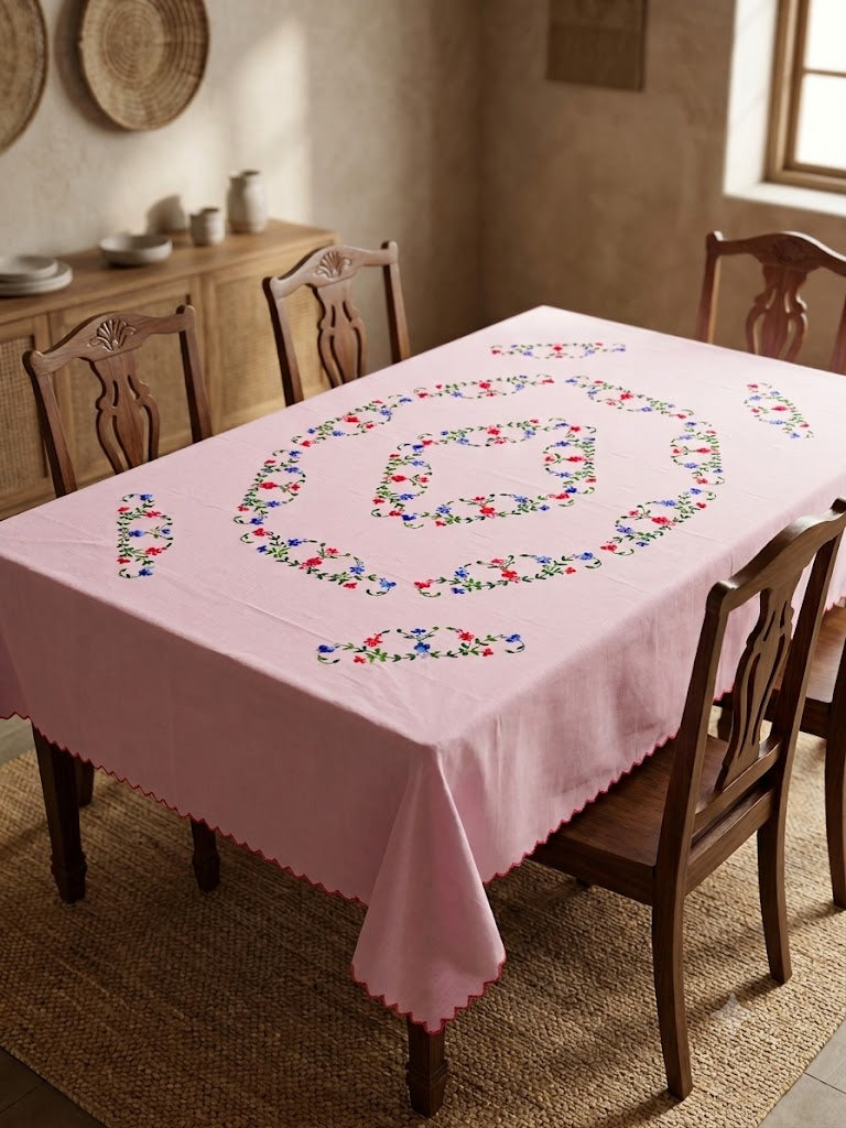 Hand Embroidered Floral Six Seater Table Cover