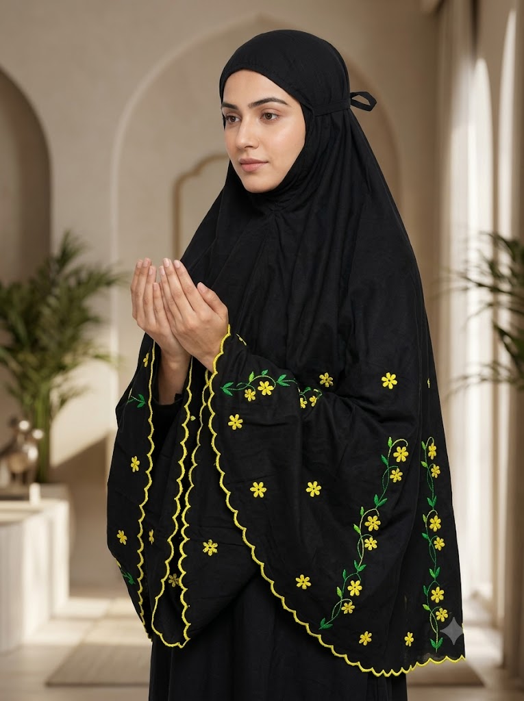 Chikonwala Hand Embroidered Cotton Islamic Namaz Hijab with Floral Embroidery