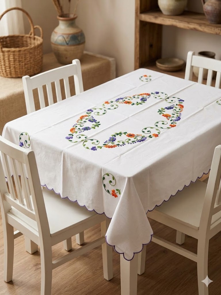 Hand Embroidered Four Seater Floral Table Cover