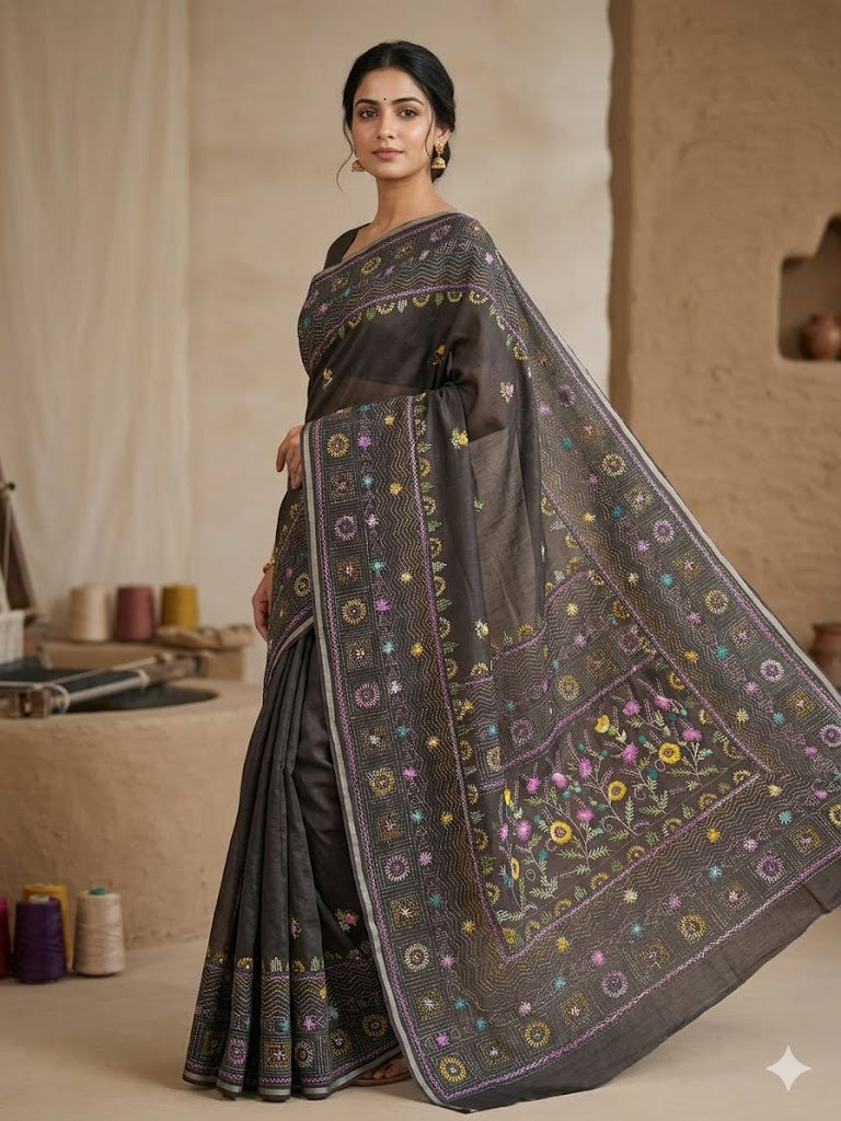 Premium Handcrafted Bullion Stitch Work Chanderi Saree with Blouse Piece
