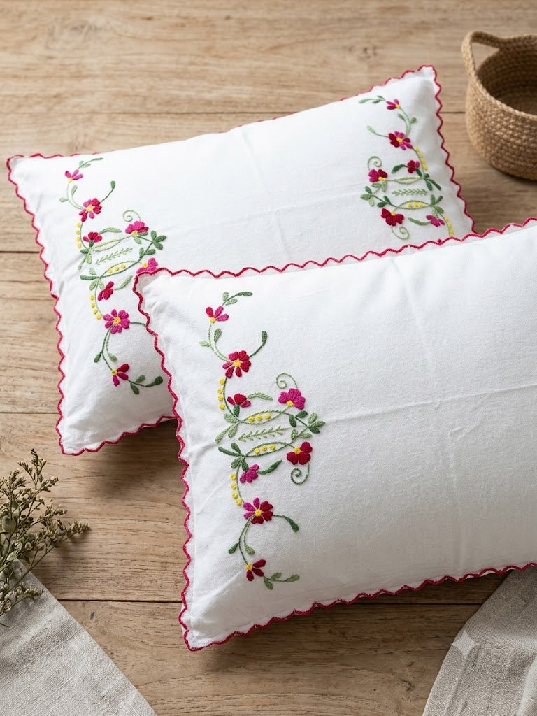 Chikonwala Hand-Embroidered Floral Pillow Cover Set– Set of 2