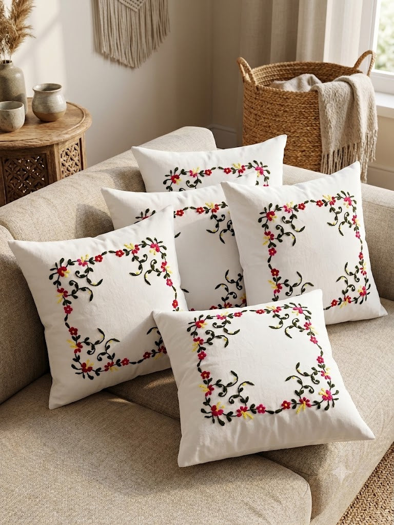 Hand Embroidered Cotton Cushion Covers (Set of 5)