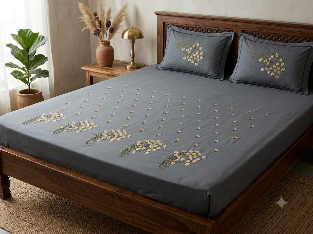 Premium Designer Embroidered Satin Cotton Bedsheet Set