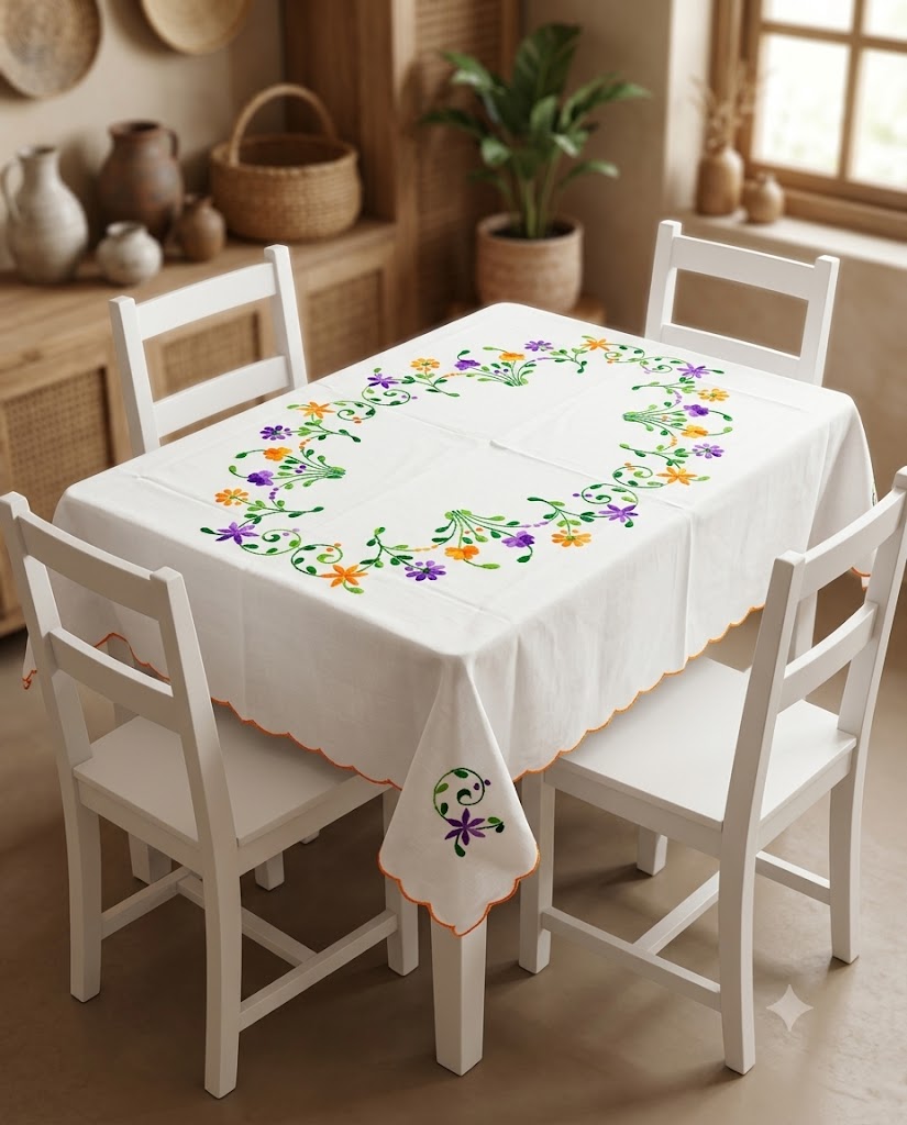Hand Embroidered Four Seater Floral Table Cover