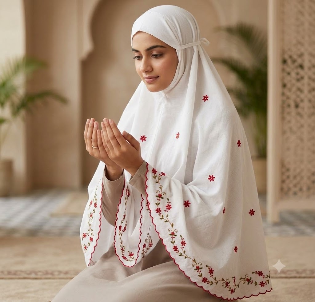 Chikonwala Hand Embroidered Cotton Islamic Namaz Hijab with Floral Embroidery