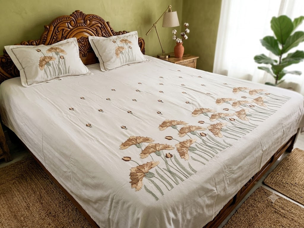 Premium Designer Embroidered Satin Cotton Bedsheet Set