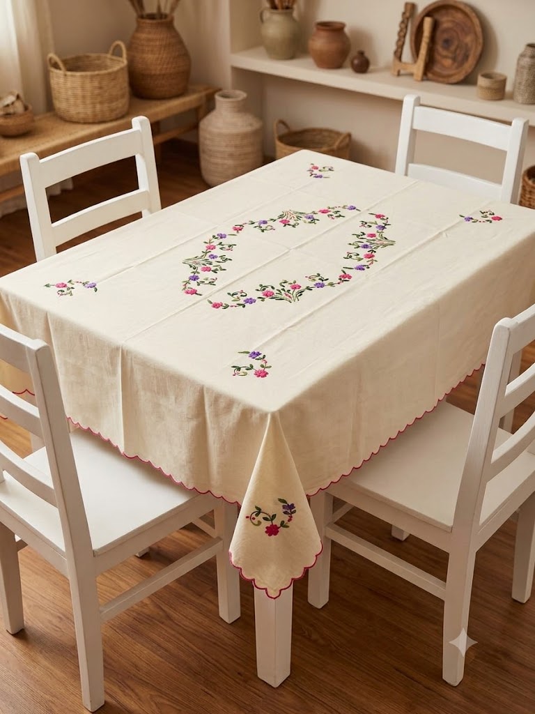 Hand Embroidered Four Seater Floral Table Cover