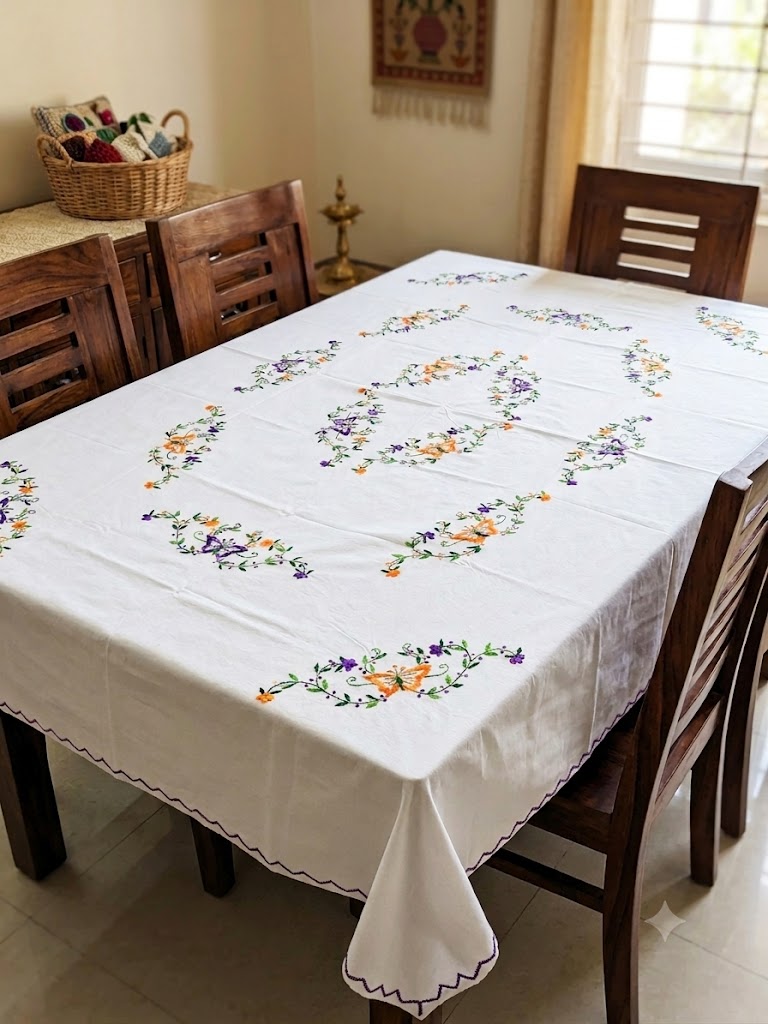 Hand Embroidered Floral Six Seater Table Cover