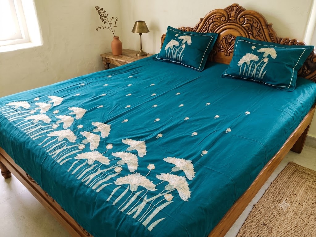 Premium Designer Embroidered Satin Cotton Bedsheet Set