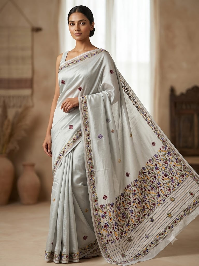 Premium Handcrafted Bullion Stitch Work Chanderi Saree with Blouse Piece