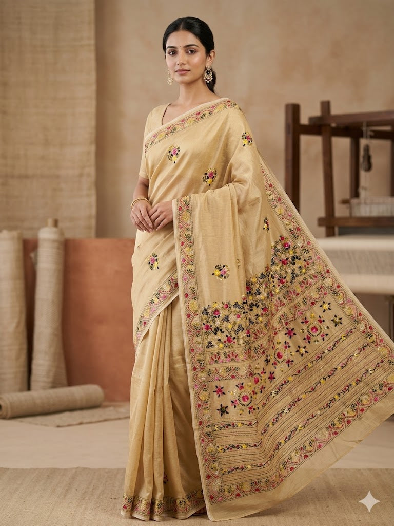 Premium Handcrafted Bullion Stitch Work Chanderi Saree with Blouse Piece