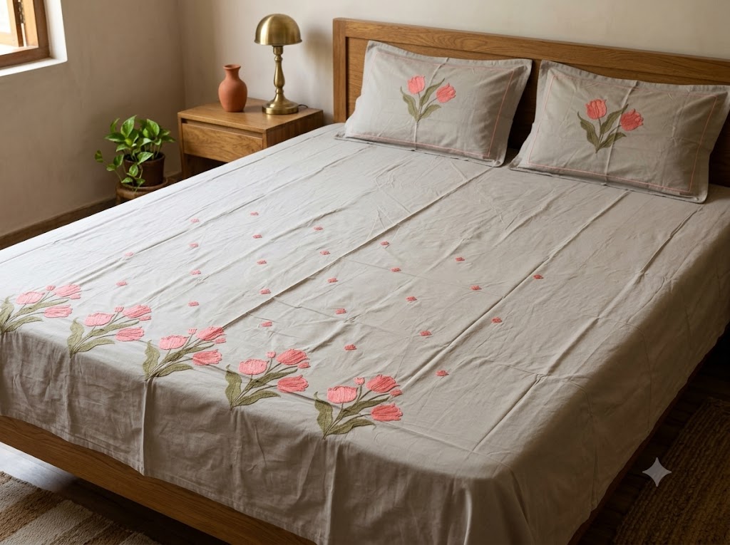 Premium Designer Embroidered Satin Cotton Bedsheet Set