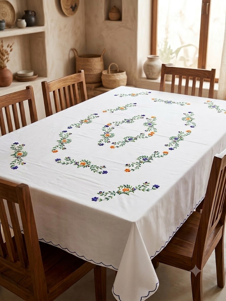 Hand Embroidered Floral Six Seater Table Cover