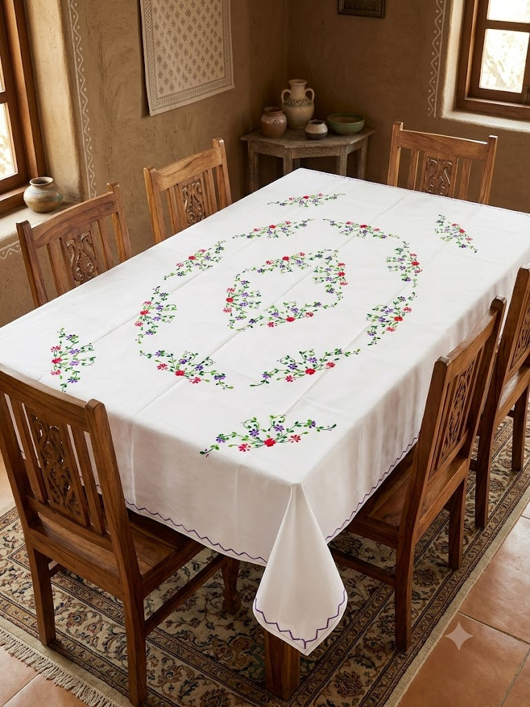 Hand Embroidered Floral Six Seater Table Cover