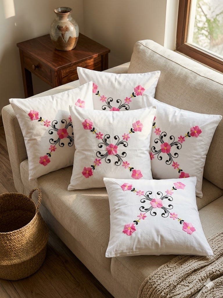 Hand Embroidered Cotton Cushion Covers (Set of 5)