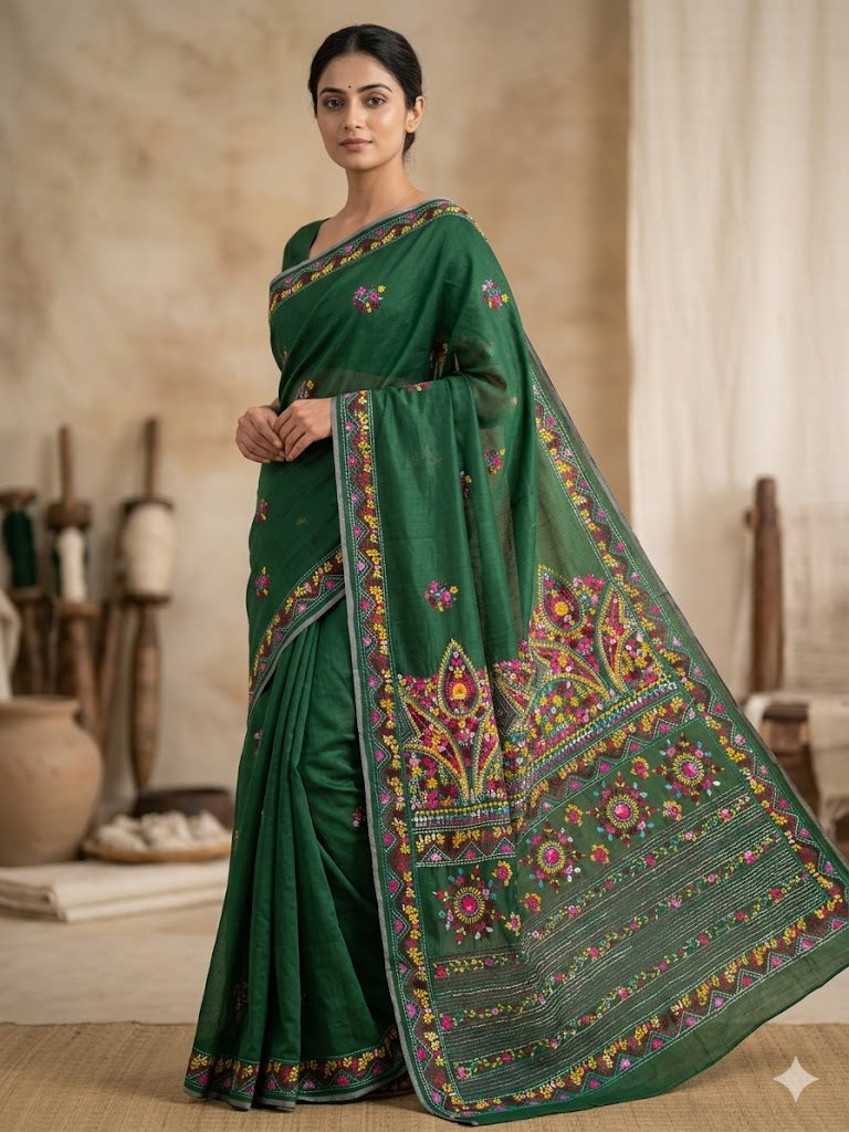 Premium Handcrafted Bullion Stitch Work Chanderi Saree with Blouse Piece