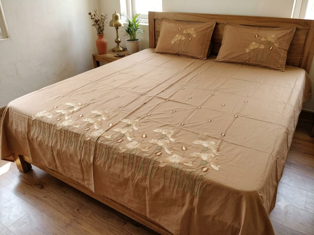 Premium Designer Embroidered Satin Cotton Bedsheet Set