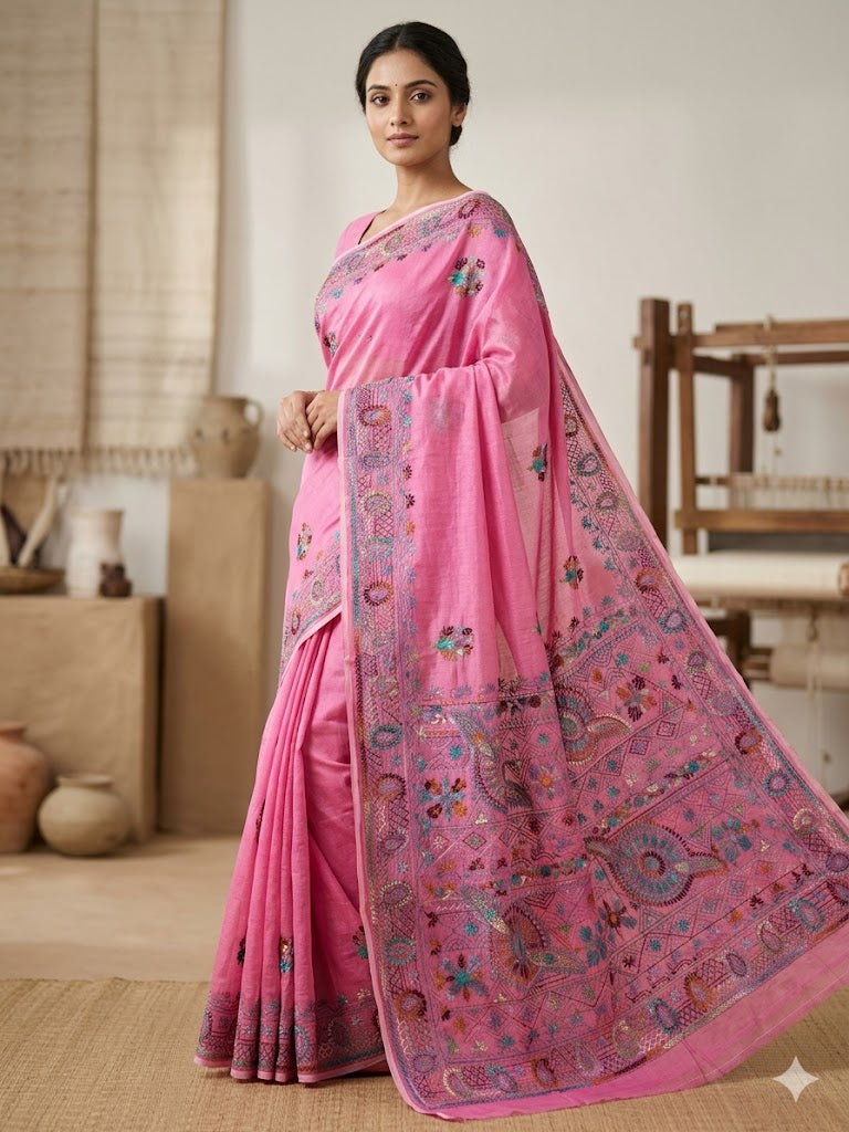 Premium Handcrafted Bullion Stitch Work Chanderi Saree with Blouse Piece