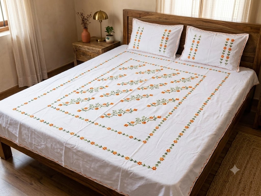 Title Chikonwala's Hand Embroidered Floral Design Bedsheet
