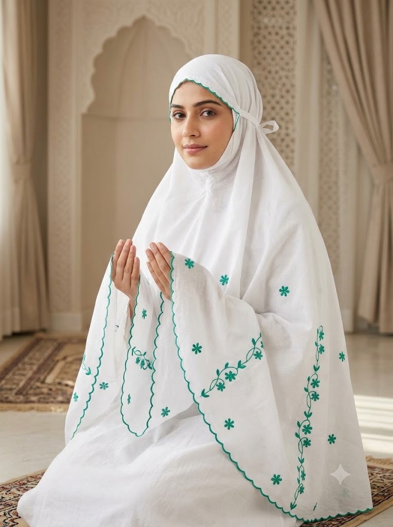 Chikonwala Hand Embroidered Cotton Islamic Namaz Hijab with Floral Embroidery